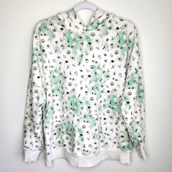 bp Tops - BP Hoodie Kangaroo Pocket Aliens Flowers Peace Sign Fruit White Green Large